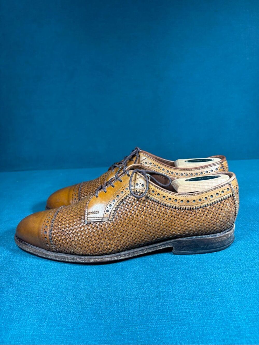 Allen Edmonds Shreveport Tan Woven Leather Cap Toe Oxfords Men's 7.5 D W/ Trees